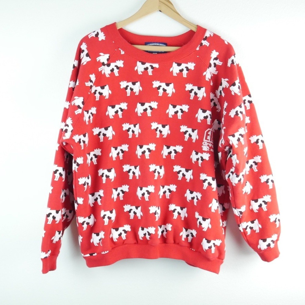 Vintage Cow Print AOP Animal Novelty Crewneck Sweatshirt Red Large Switzerland